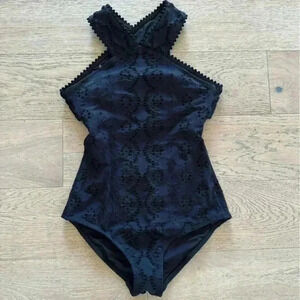 Shoshanna black eyelet embroidered halter neck one piece swimsuit